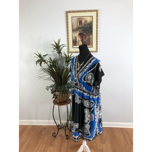 Dots Woman Dress 3XL Faux Wrap Sheath Sleeveless Boho Boxy Black Vacation Resort - Picture 5 of 8